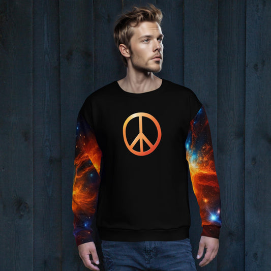 Galaxy Dreams Black Long Sleeve Shirt with Orange Peace Symbol